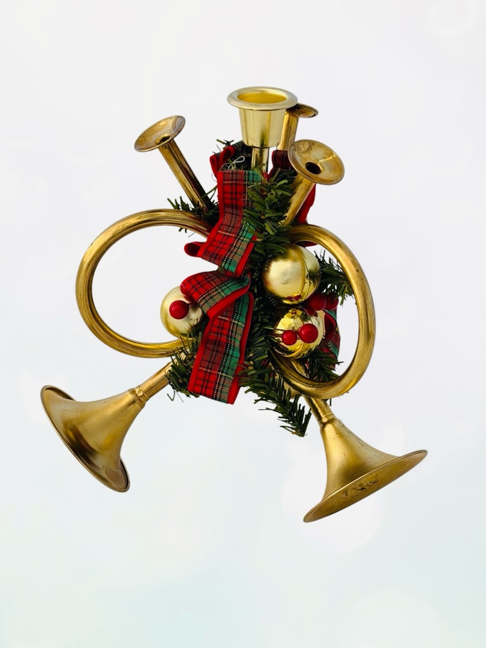 Brass Triple French Horn Taper Candle Holder, Vintage Christmas Holiday Decor - Picture 2 of 10
